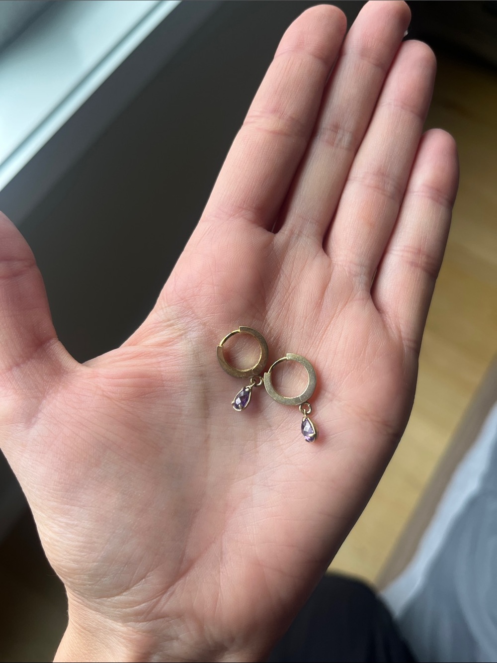 Huggie Drop Amethyst Gold 14k Hoop Earrings